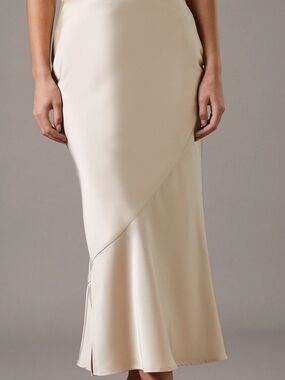 Ivory Satin Bias-Panel Midi Skirt